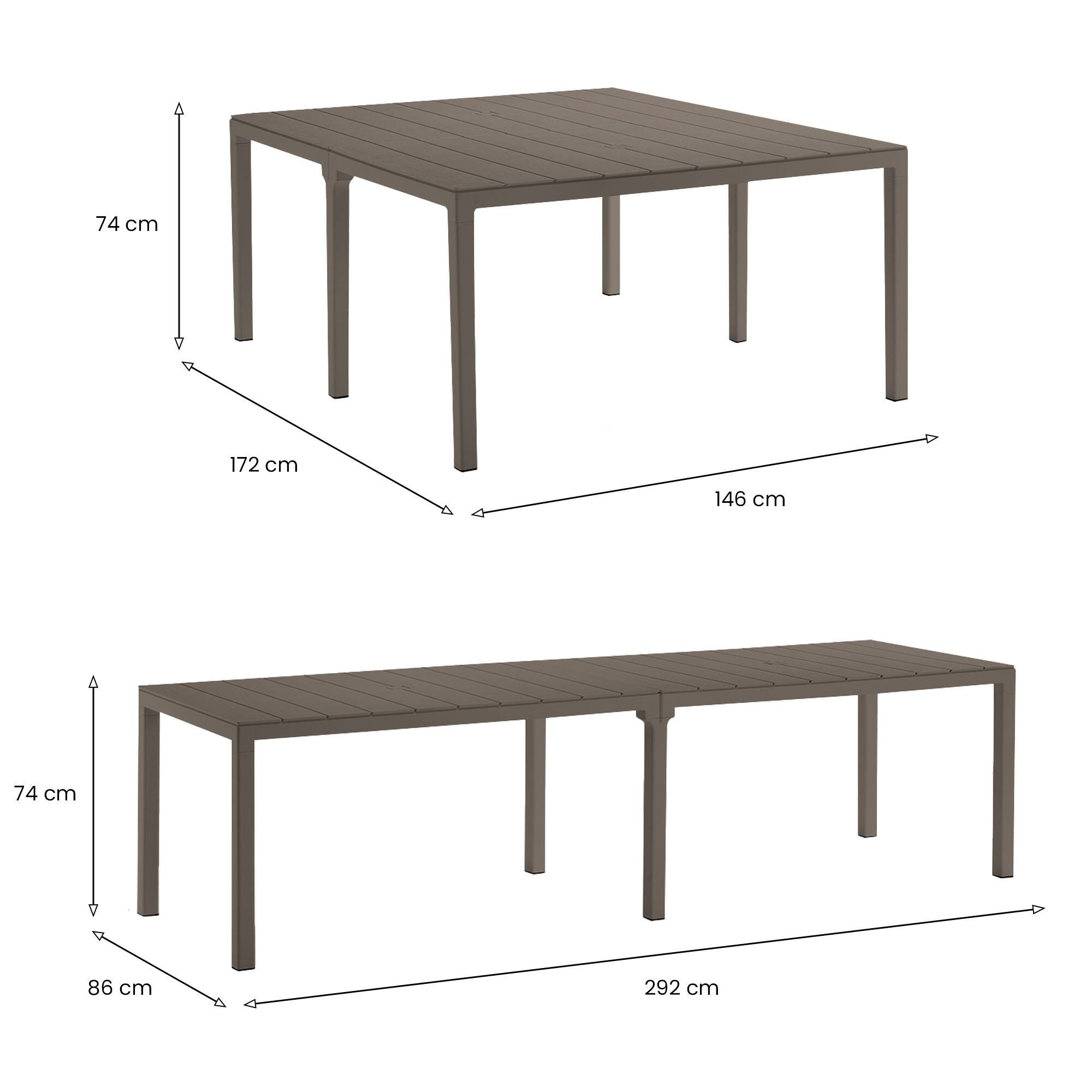 Tavolo da esterno Campana, Base per picnic, Piano da pranzo da giardino multiposizione, Banco outdoor multiuso, Made in Italy, 292x86 h74 cm, Tortora