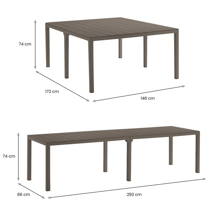 Tavolo da esterno Campana, Base per picnic, Piano da pranzo da giardino multiposizione, Banco outdoor multiuso, Made in Italy, 292x86 h74 cm, Tortora