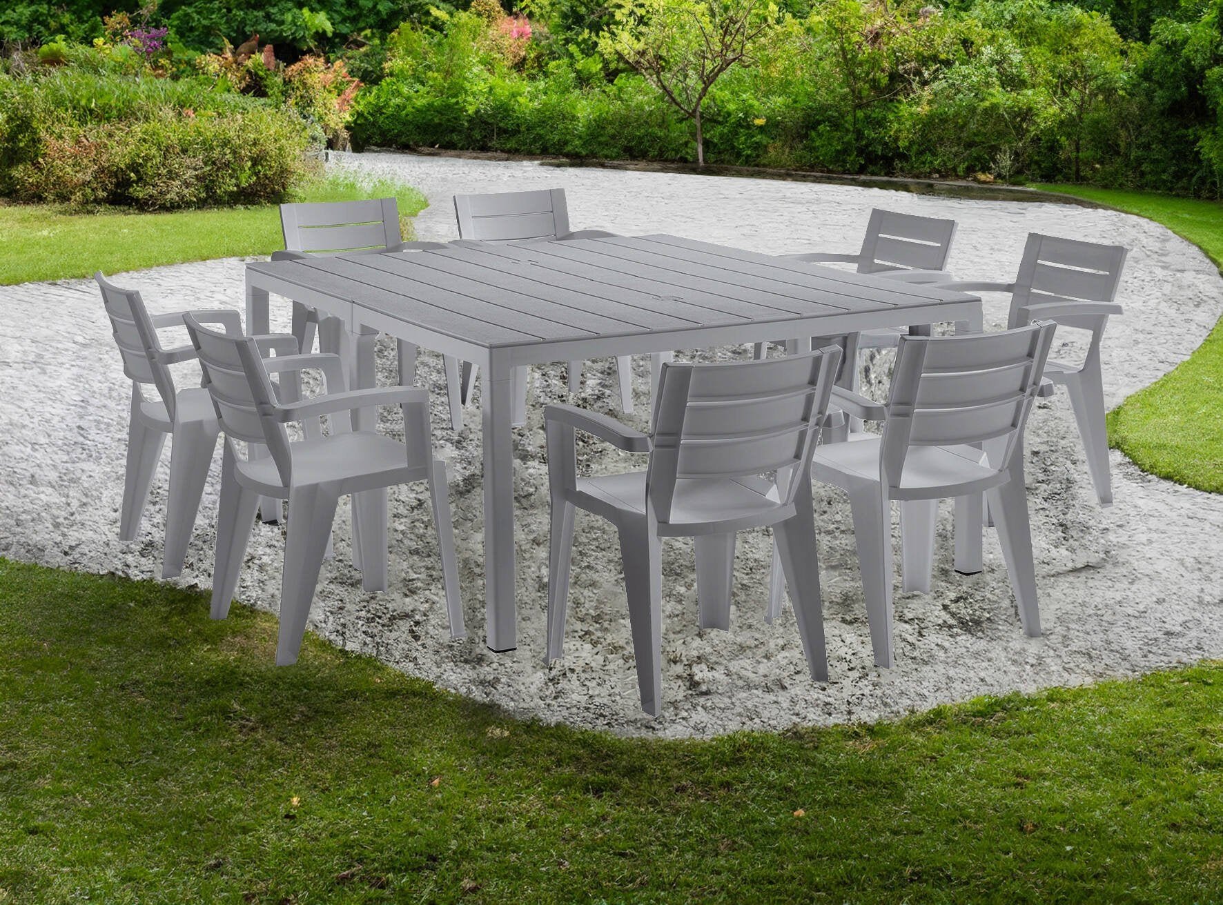 Tavolo da esterno Campana, Base per picnic, Piano da pranzo da giardino multiposizione, Banco outdoor multiuso, Made in Italy, 292x86 h74 cm, Grigio
