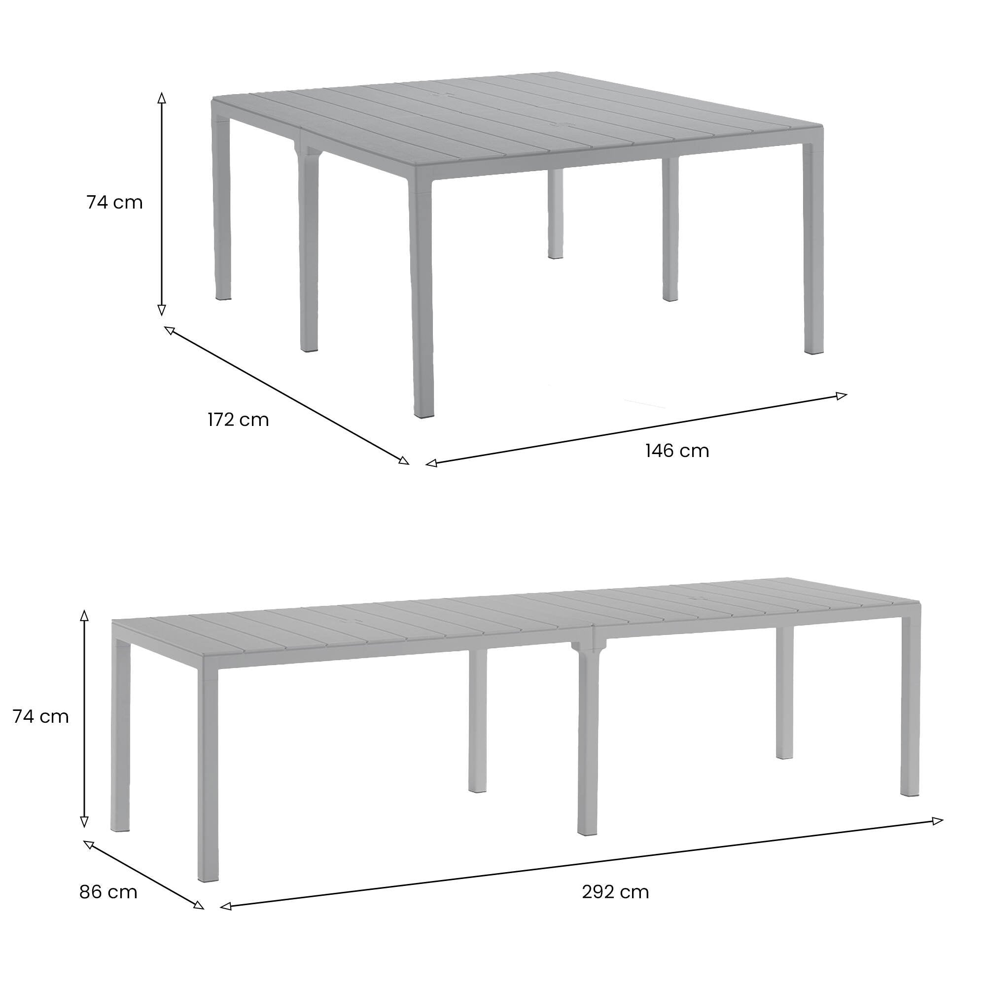 Tavolo da esterno Campana, Base per picnic, Piano da pranzo da giardino multiposizione, Banco outdoor multiuso, Made in Italy, 292x86 h74 cm, Grigio