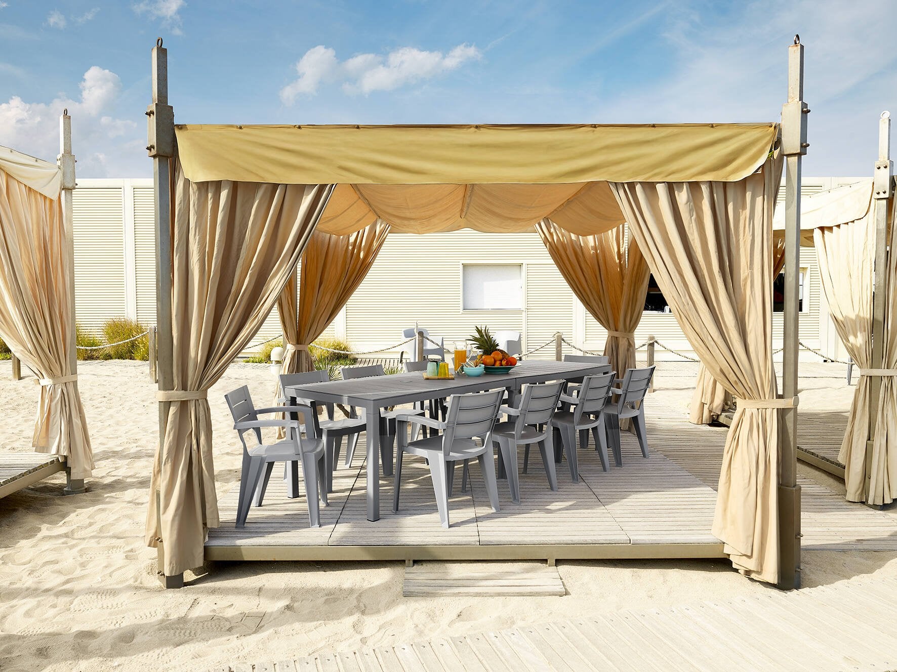 Tavolo da esterno Campana, Base per picnic, Piano da pranzo da giardino multiposizione, Banco outdoor multiuso, Made in Italy, 292x86 h74 cm, Grigio