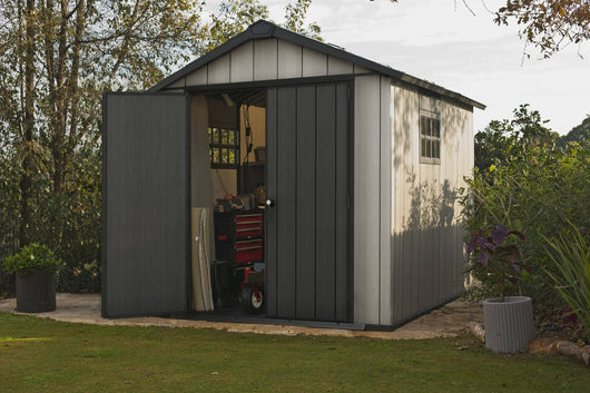 Casetta da giardino Dartmouth, Capanno da esterno, Rimessa da giardino, Ripostiglio per attrezzi, 229x287 h242 cm, Grigio