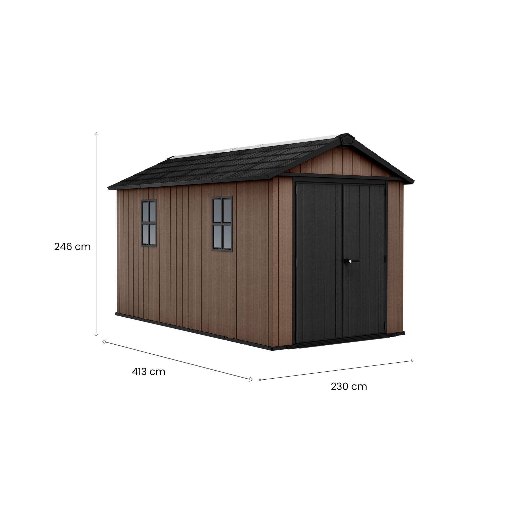 Casetta da giardino Kincardine, Capanno da esterno, Rimessa da giardino, Ripostiglio per attrezzi, 230x413 h246 cm, Marrone