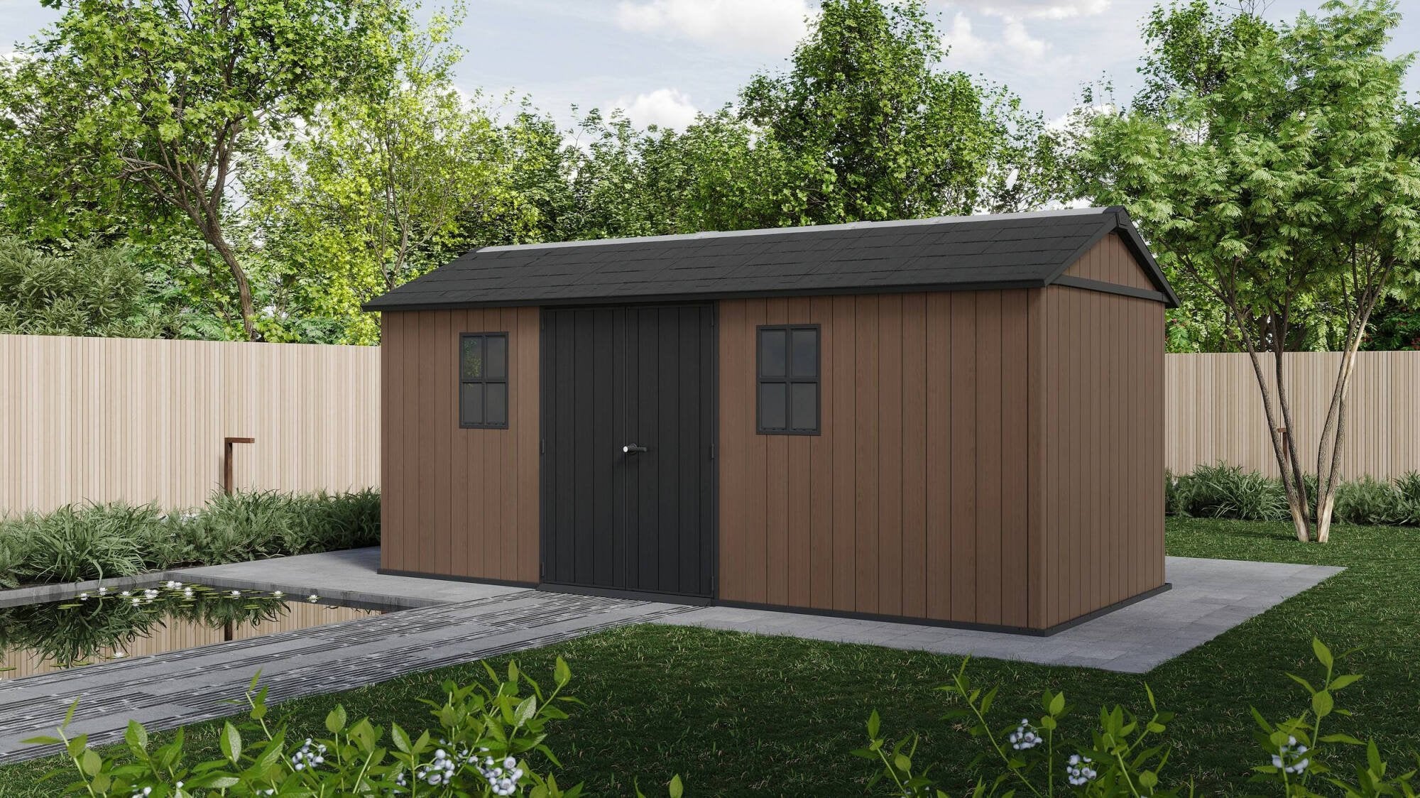 Casetta da giardino Kincardine, Capanno da esterno, Rimessa da giardino, Ripostiglio per attrezzi, 230x539 h246 cm, Marrone