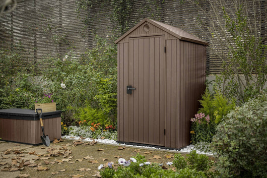 Casetta da giardino Osoyoos, Capanno da esterno, Rimessa da giardino, Ripostiglio per attrezzi, 124x117 h205 cm, Marrone