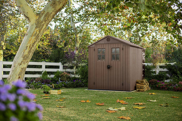 Casetta da giardino Osoyoos, Capanno da esterno, Rimessa da giardino, Ripostiglio per attrezzi, 190x244 h221 cm, Marrone