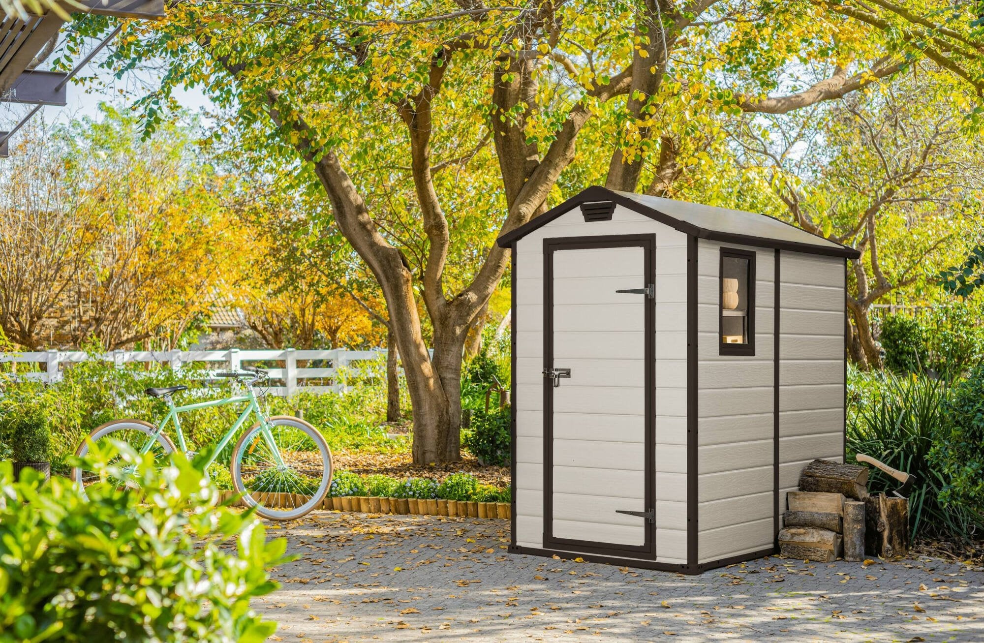 Casetta da giardino Cranbrook, Capanno da esterno, Rimessa da giardino, Ripostiglio per attrezzi, 130x192 h198 cm, Beige