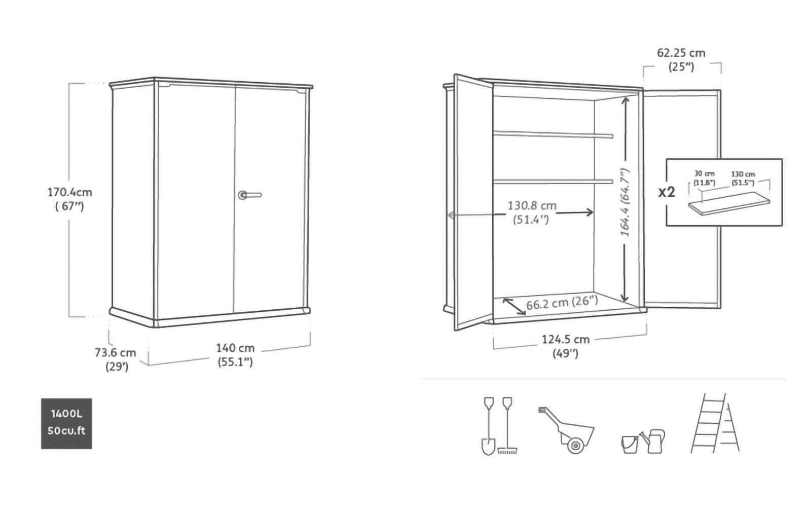 Armadio da esterno Jasper, Mobile outdoor, Mobiletto giardino multiuso, Contenitore per balcone o garage, 140x74 h170 cm, Grigio scuro