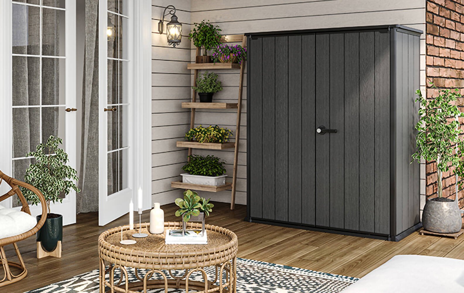 Armadio da esterno Jasper, Mobile outdoor, Mobiletto giardino multiuso, Contenitore per balcone o garage, 140x74 h170 cm, Grigio scuro