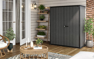 Armadio da esterno Jasper, Mobile outdoor, Mobiletto giardino multiuso, Contenitore per balcone o garage, 140x74 h170 cm, Grigio scuro