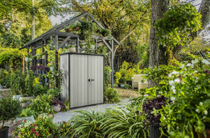 Armadio da esterno Digby, Mobile outdoor, Mobiletto giardino multiuso, Contenitore per balcone o garage, 140x74 h170 cm, Grigio