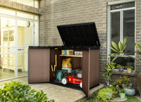 Armadio da esterno Napanee, Mobile outdoor, Mobiletto giardino multiuso, Contenitore per balcone o garage, 140x80 h120 cm, Marrone