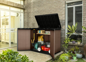 Armadio da esterno Napanee, Mobile outdoor, Mobiletto giardino multiuso, Contenitore per balcone o garage, 140x80 h120 cm, Marrone