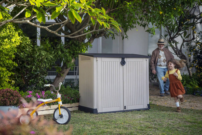 Armadio da esterno Gander, Mobile outdoor, Mobiletto giardino multiuso, Contenitore per balcone o garage, 132x72 h114 cm, Beige