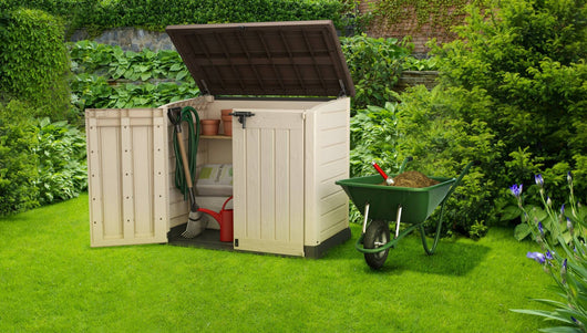 Armadio da esterno Hinton, Mobile outdoor, Mobiletto giardino multiuso, Contenitore per balcone o garage, 146x82 h125 cm, Beige