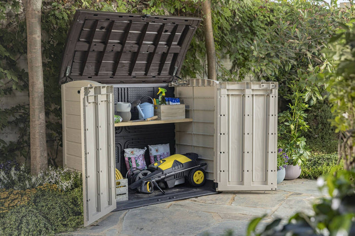 Armadio da esterno Hinton, Mobile outdoor, Mobiletto giardino multiuso, Contenitore per balcone o garage, 146x82 h120 cm, Beige