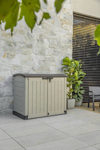Armadio da esterno Hinton, Mobile outdoor, Mobiletto giardino multiuso, Contenitore per balcone o garage, 146x82 h120 cm, Beige
