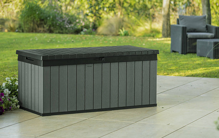 Cassapanca outdoor Montmagny, Baule da giardino, Contenitore da esterno, Panchina contenitore da esterno, 143x65 h64 cm, Verde