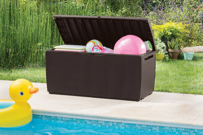 Cassapanca outdoor Chicoutimi, Baule da giardino, Contenitore da esterno, Panchina contenitore da esterno, 123x54 h57 cm, Marrone