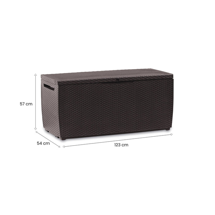 Cassapanca outdoor Chicoutimi, Baule da giardino, Contenitore da esterno, Panchina contenitore da esterno, 123x54 h57 cm, Marrone