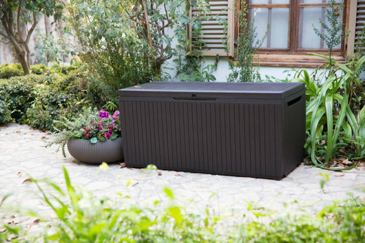 Cassapanca outdoor Burlington, Baule da giardino, Contenitore da esterno, Panchina contenitore da esterno, 123x54 h57 cm, Marrone