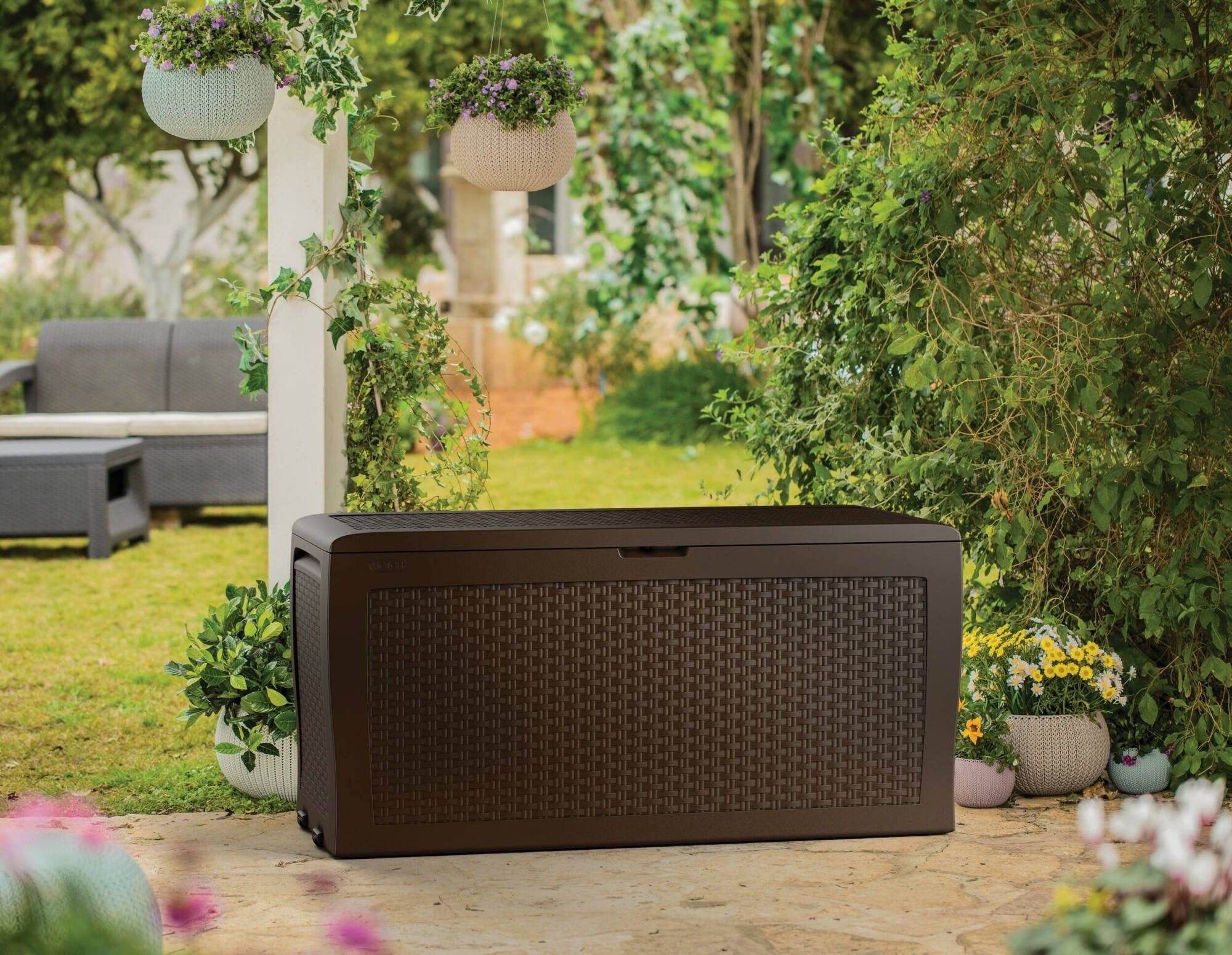 Cassapanca outdoor Kingston, Baule da giardino, Contenitore da esterno, Panchina contenitore da esterno, 116x45 h57 cm, Marrone