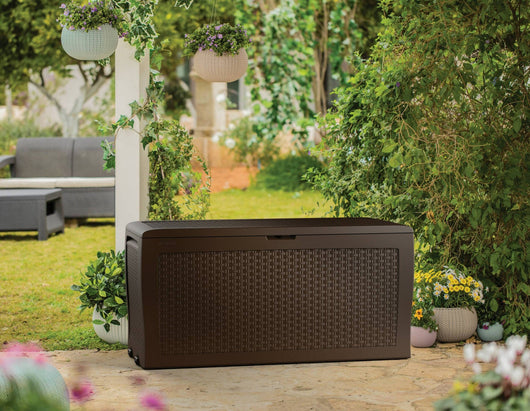 Cassapanca outdoor Kingston, Baule da giardino, Contenitore da esterno, Panchina contenitore da esterno, 116x45 h57 cm, Marrone