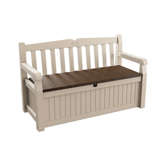 Cassapanca outdoor Chestermere, Baule da giardino, Contenitore da esterno, Panchina contenitore da esterno, 140x60 h84 cm, Beige e Marrone
