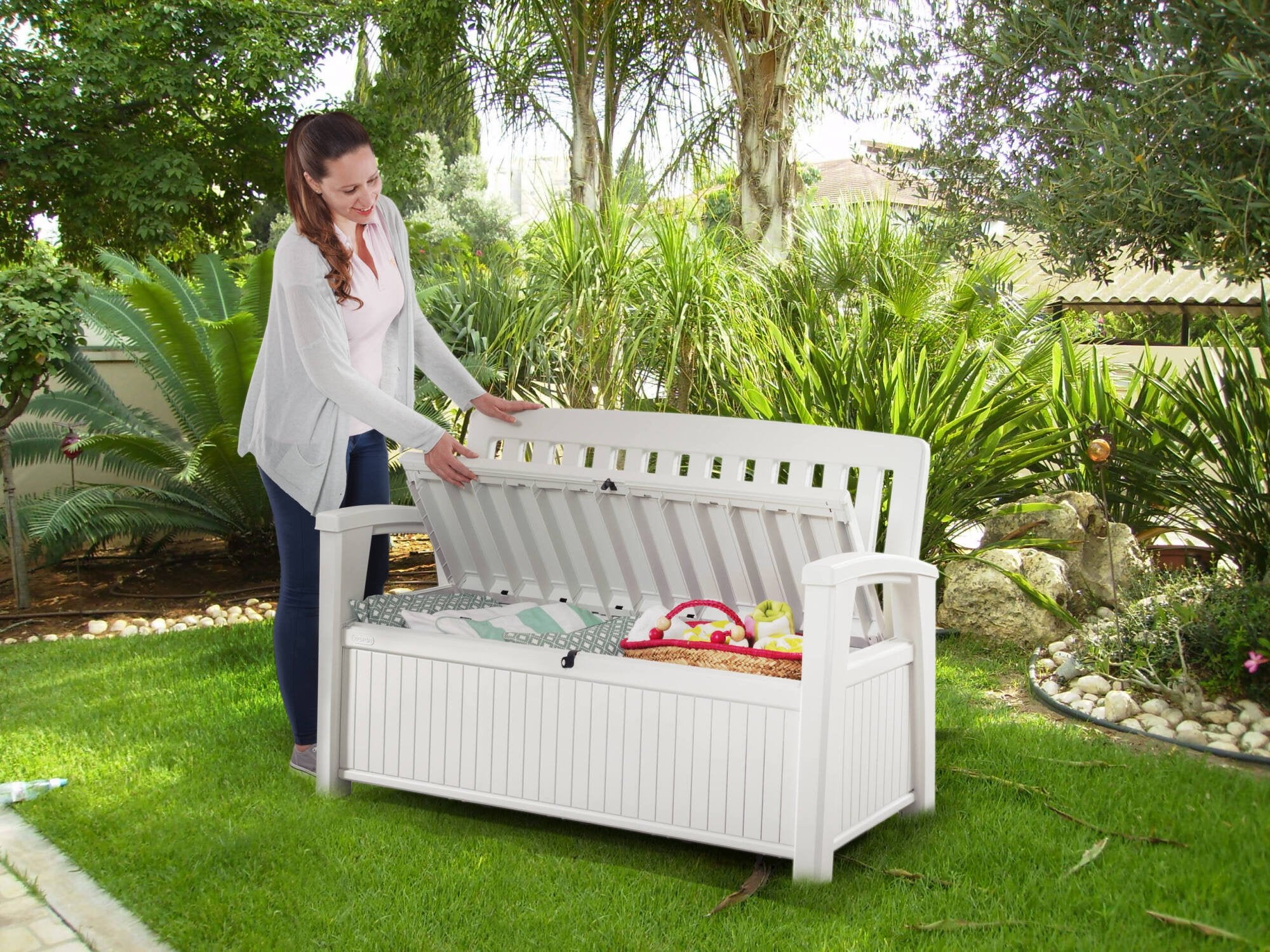 Cassapanca outdoor Goderich, Baule da giardino, Contenitore da esterno, Panchina contenitore da esterno, 133x61 h89 cm, Bianco