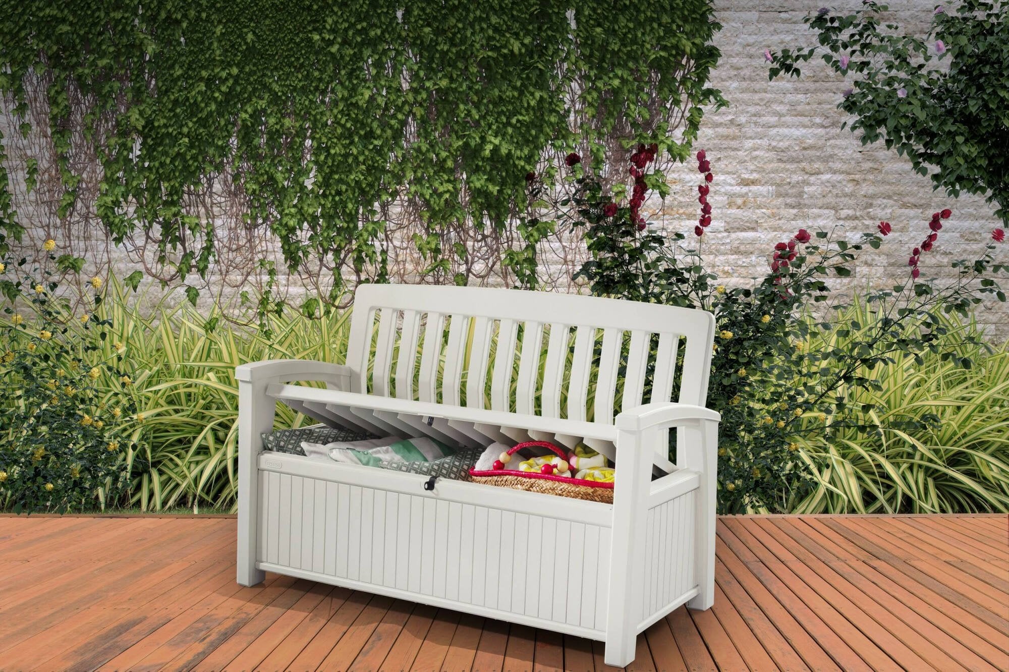 Cassapanca outdoor Goderich, Baule da giardino, Contenitore da esterno, Panchina contenitore da esterno, 133x61 h89 cm, Bianco