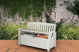 Cassapanca outdoor Goderich, Baule da giardino, Contenitore da esterno, Panchina contenitore da esterno, 133x61 h89 cm, Bianco