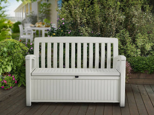 Cassapanca outdoor Goderich, Baule da giardino, Contenitore da esterno, Panchina contenitore da esterno, 133x61 h89 cm, Bianco