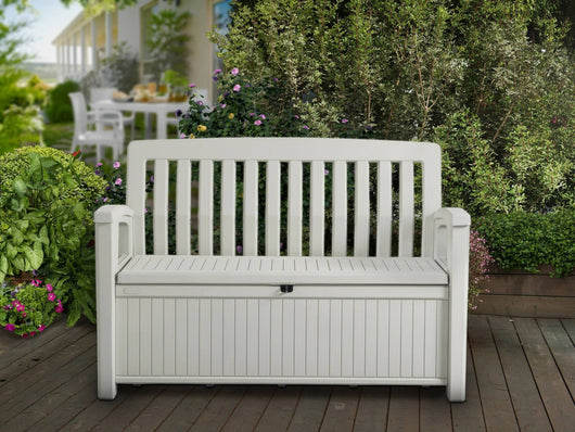 Cassapanca outdoor Goderich, Baule da giardino, Contenitore da esterno, Panchina contenitore da esterno, 133x61 h89 cm, Bianco