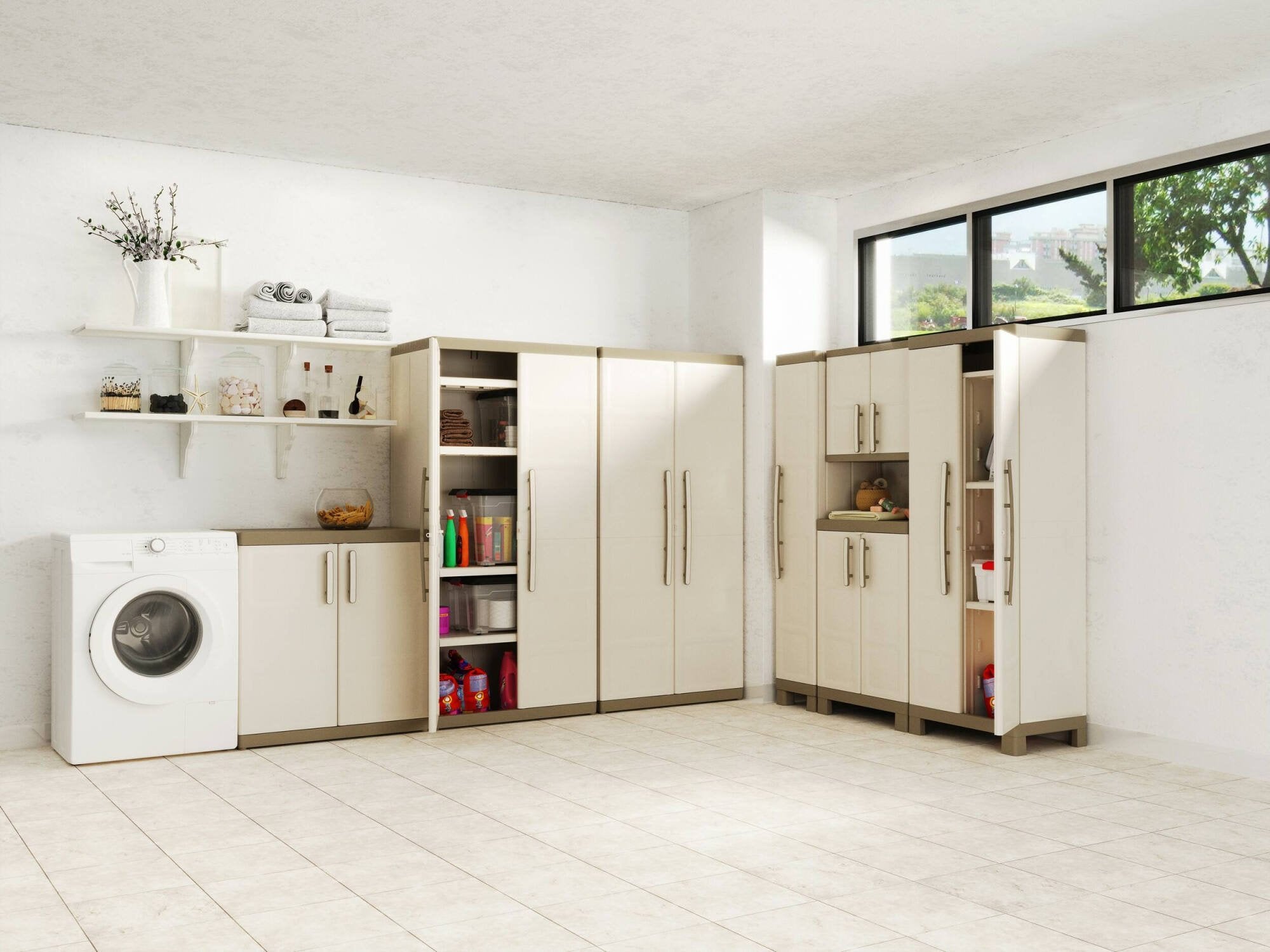 Armadio da esterno Strathmore, Mobile outdoor, Mobiletto giardino multiuso, Contenitore per balcone o garage, Made in Italy, 65x45 h182 cm, Sabbia