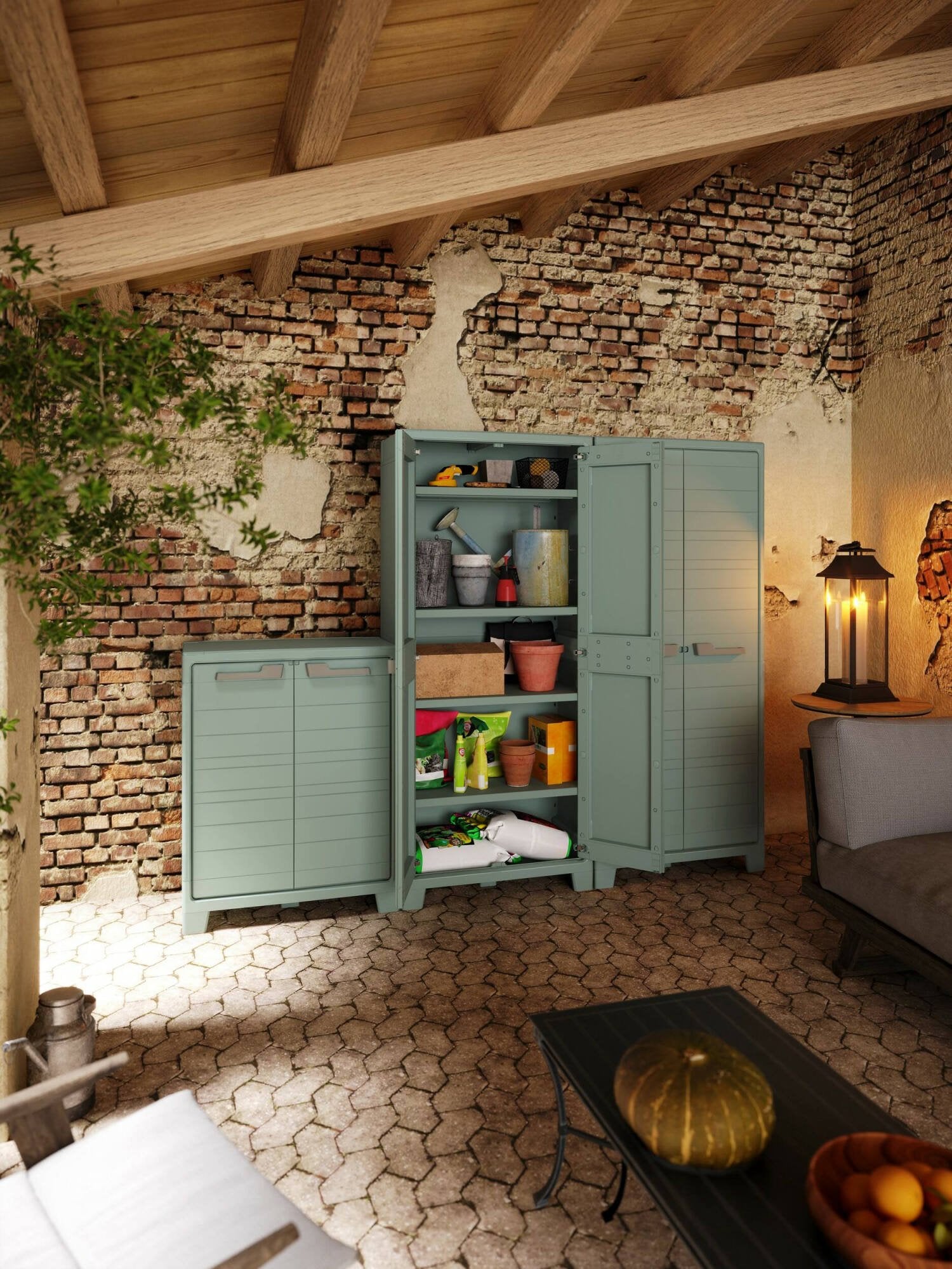 Armadio da esterno Quesnel, Mobile outdoor, Mobiletto giardino multiuso, Made in Italy, 80x44 h182 cm, Grigio e Verde