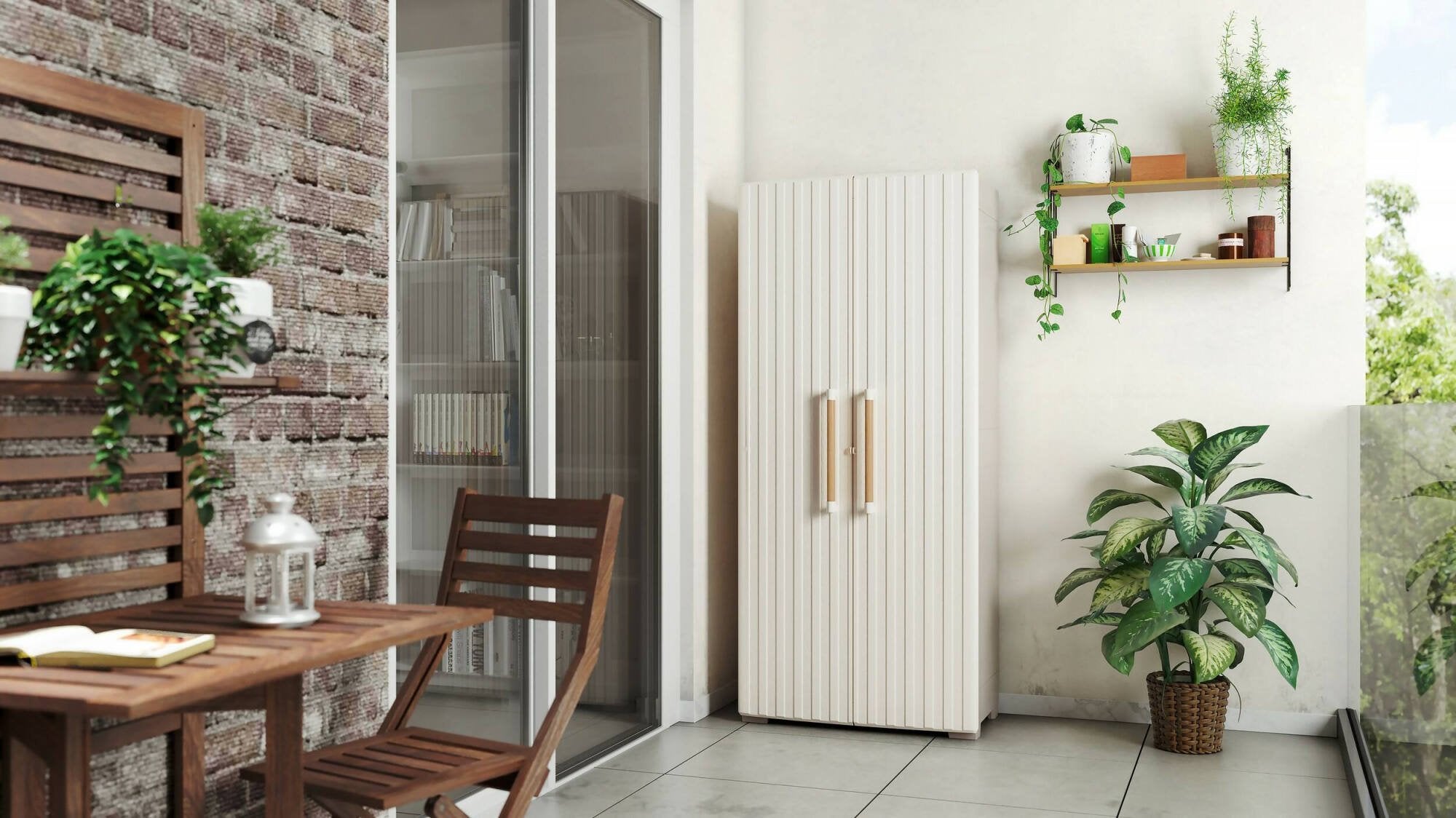 Armadio da esterno Melville, Mobile outdoor, Mobiletto giardino multiuso, Contenitore per balcone o garage, Made in Italy, 80x45 h180 cm, Sabbia