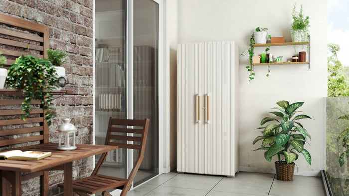 Armadio da esterno Melville, Mobile outdoor, Mobiletto giardino multiuso, Contenitore per balcone o garage, Made in Italy, 80x45 h180 cm, Sabbia