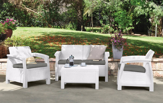 Set salotto da esterno Nelson, Salottino outdoor, Set da balcone o giardino, Composizione soggiorno per esterni, 128x70 h79 cm, Bianco