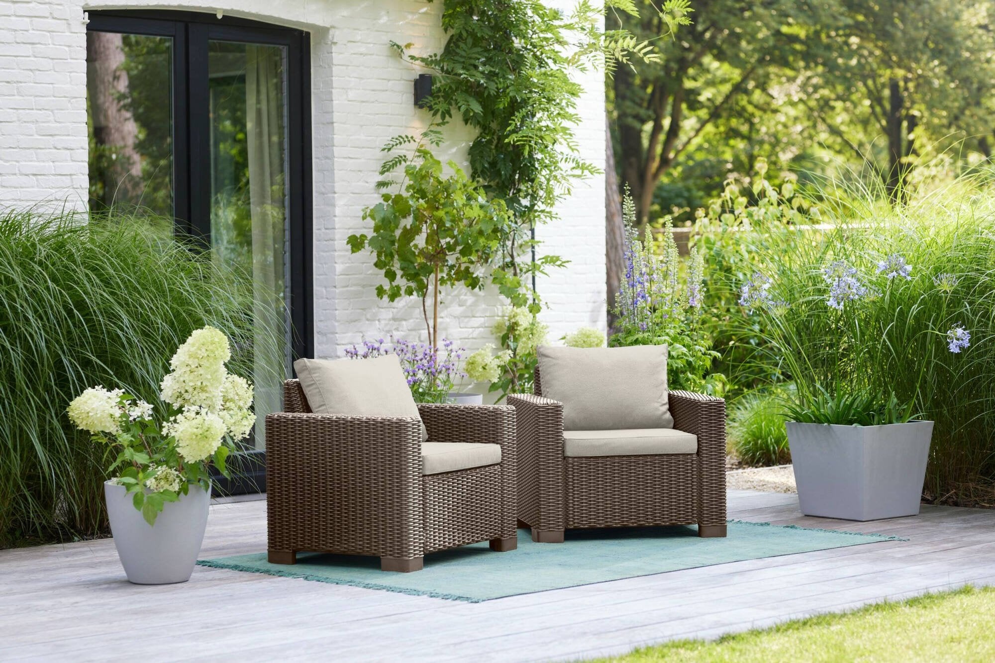Set di 2 poltrone da esterno Miramichi, Poltroncina da giardino, Seduta outdoor, Poltrona per esterni, 83x68 h72 cm, Tortora