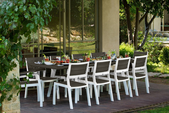 Tavolo da esterno Penticton, Base per picnic, Piano da pranzo da giardino, Banco outdoor multiuso, 162x101 h77 cm, Bianco e Grigio scuro