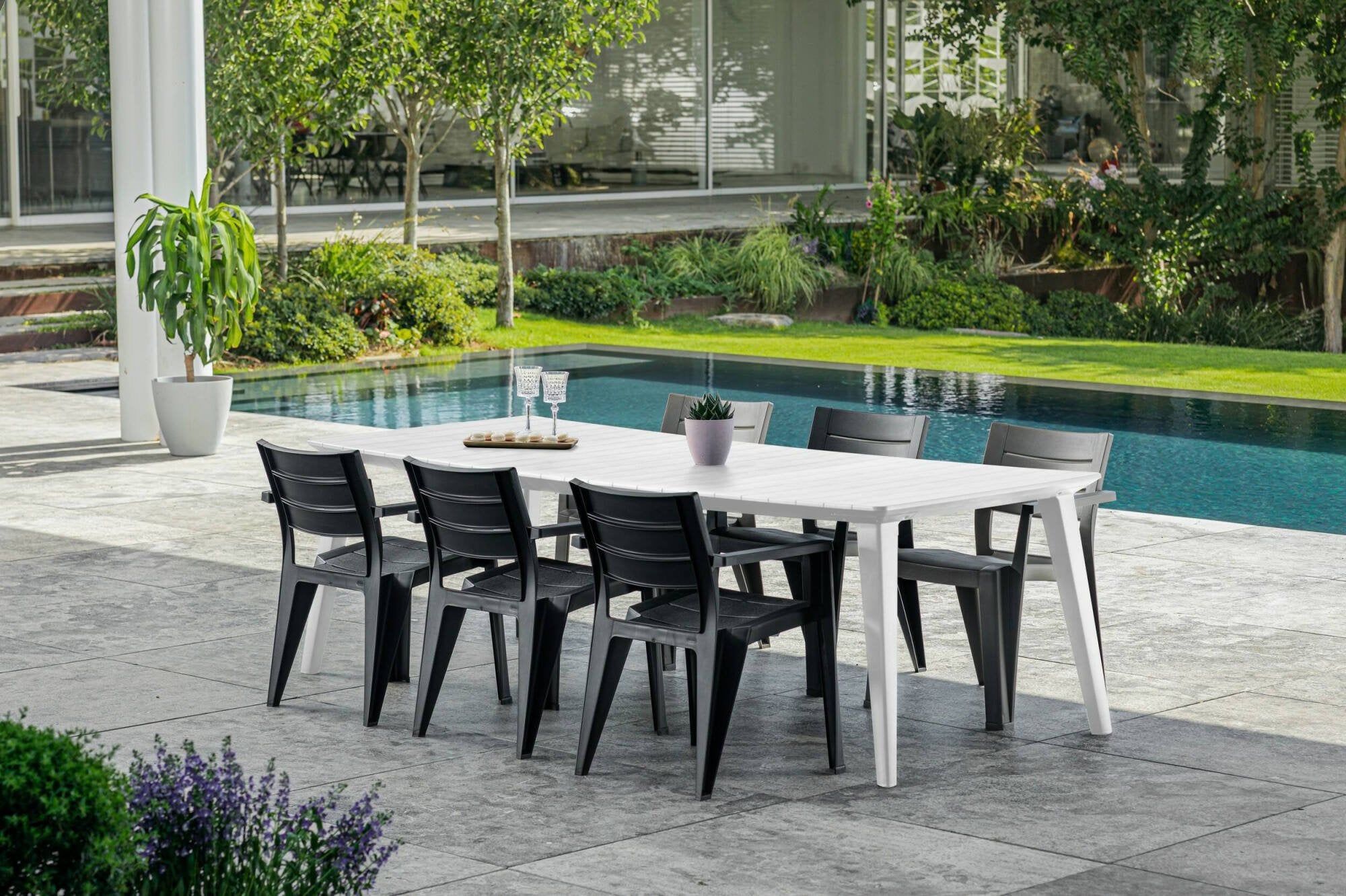 Tavolo da esterno Camrose, Base per picnic, Piano da pranzo da giardino, Banco outdoor multiuso, 235x98 h74 cm, Bianco