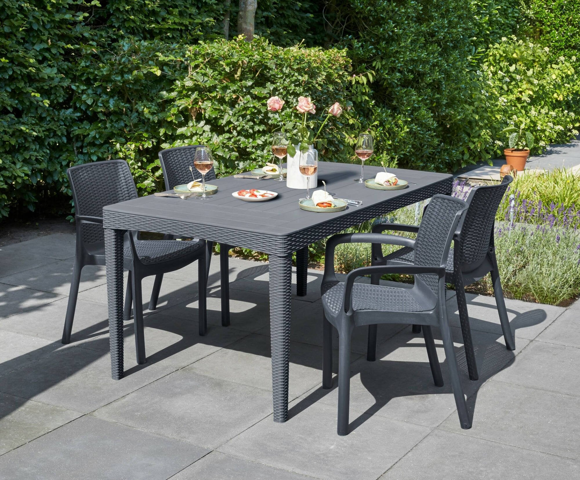 Tavolo da esterno Salmon, Base per picnic, Piano da pranzo da giardino, Banco outdoor multiuso, 160x90 h74 cm, Antracite