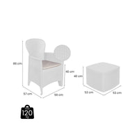 Set salotto da esterno Sulzano, Salottino outdoor o indoor, 4 poltrone con braccioli con un tavolino contenitore, Made in Italy, Bianco