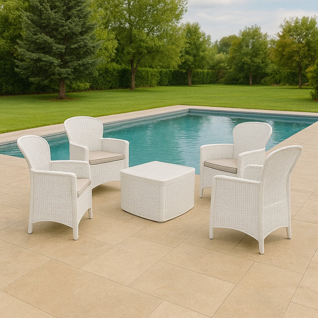 Set salotto da esterno Sulzano, Salottino outdoor o indoor, 4 poltrone con braccioli con un tavolino contenitore, Made in Italy, Bianco