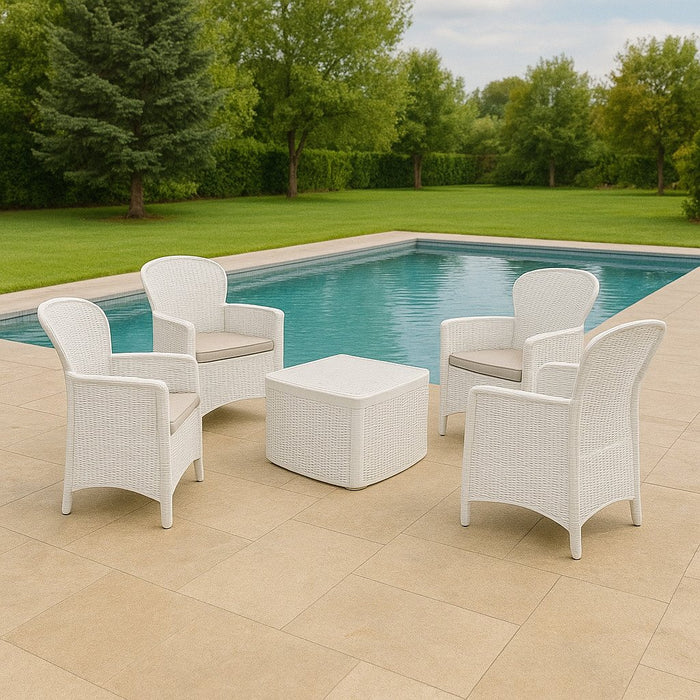Set salotto da esterno Sulzano, Salottino outdoor o indoor, 4 poltrone con braccioli con un tavolino contenitore, Made in Italy, Bianco