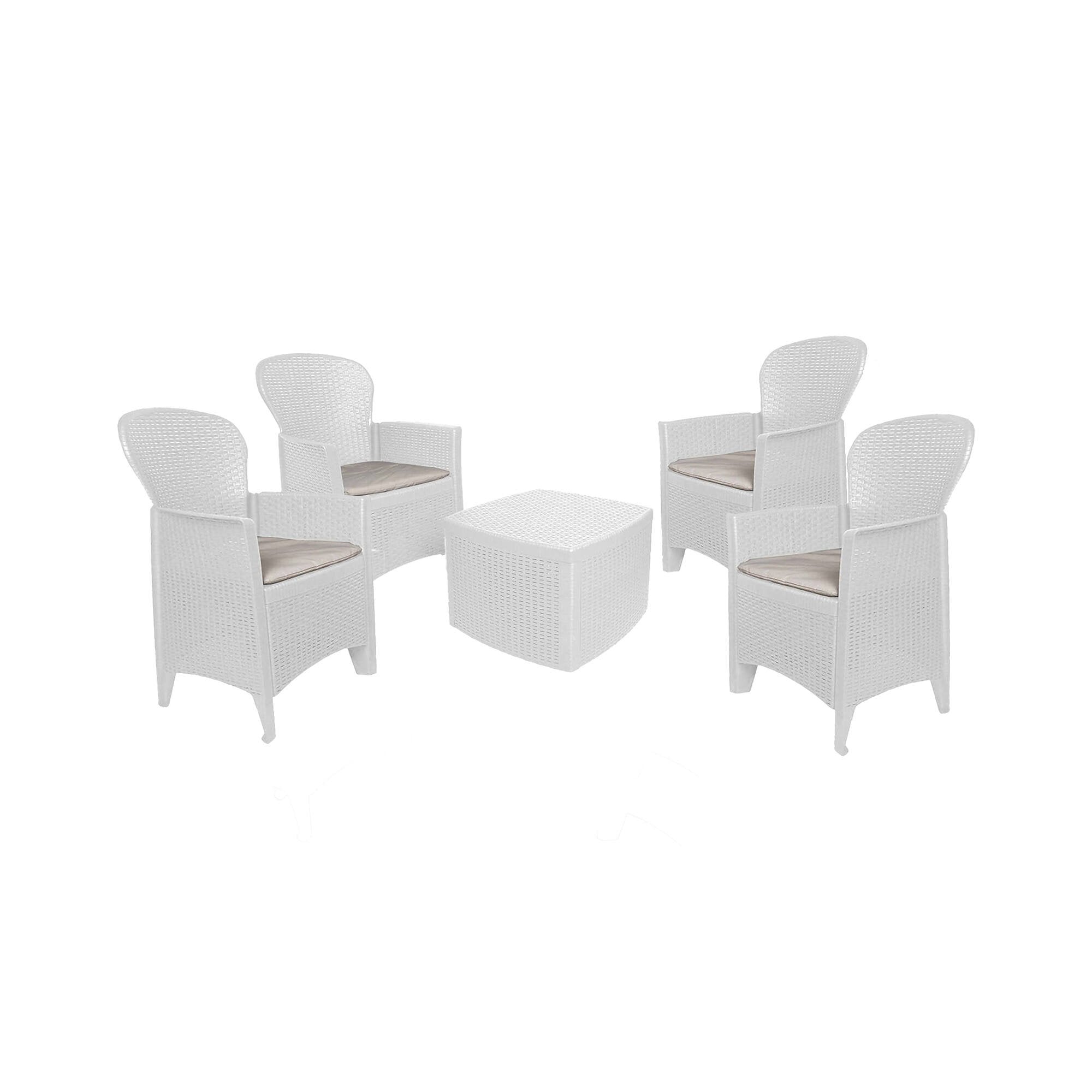 Set salotto da esterno Sulzano, Salottino outdoor o indoor, 4 poltrone con braccioli con un tavolino contenitore, Made in Italy, Bianco