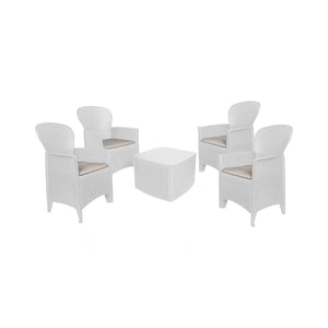Set salotto da esterno Sulzano, Salottino outdoor o indoor, 4 poltrone con braccioli con un tavolino contenitore, Made in Italy, Bianco