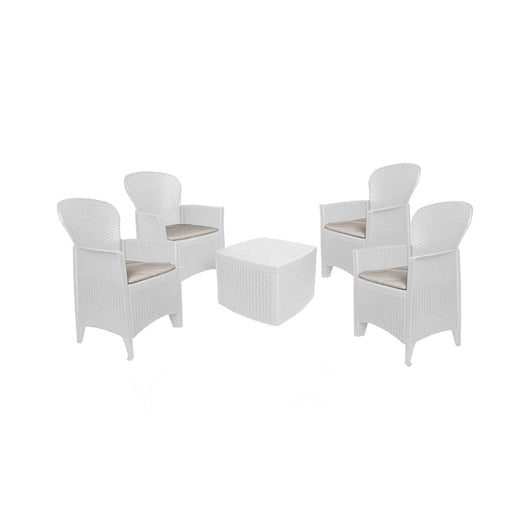 Set salotto da esterno Sulzano, Salottino outdoor o indoor, 4 poltrone con braccioli con un tavolino contenitore, Made in Italy, Bianco