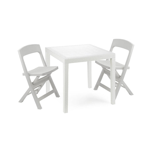 Set salotto da esterno Sanzeno, Salottino outdoor o indoor, Tavolo quadrato con 2 sedie pieghevoli, Made in Italy, Bianco