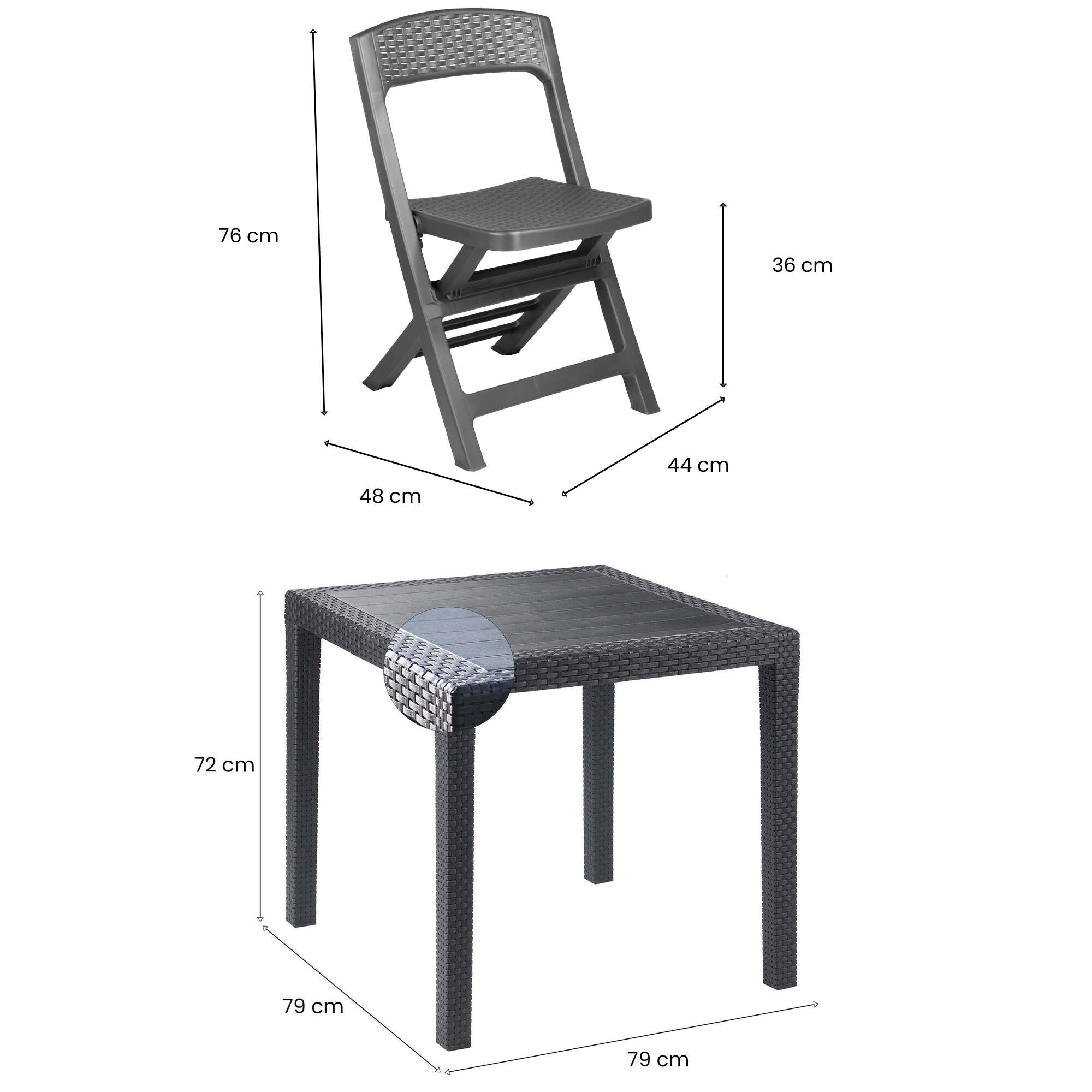 Set salotto da esterno Sanzeno, Salottino outdoor o indoor, Tavolo quadrato con 2 sedie pieghevoli, Made in Italy, Antracite